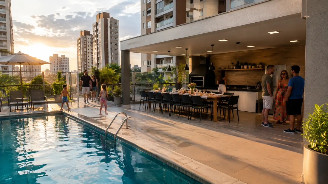 Área de lazer de um condomínio vertical em Brasília com piscina e espaço gourmet